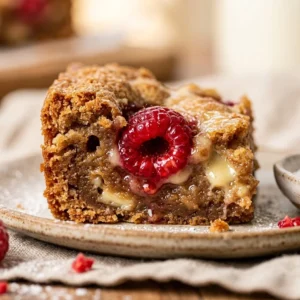 Delicious white chocolate raspberry blondies on a white plate.