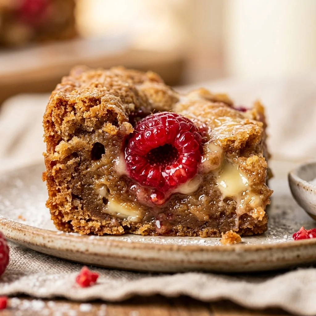 Delicious white chocolate raspberry blondies on a white plate.
