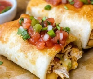 Delicious baked chicken chimichanga served with salsa and toppings.