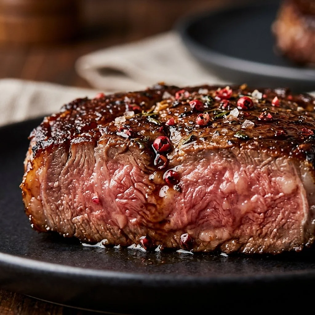 Balsamic Pink-Peppercorn Steak garnished on a plate with herbs