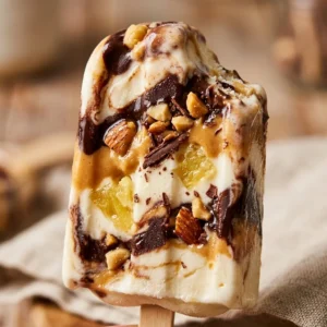 Delicious banana split frozen yogurt popsicles served on a plate.