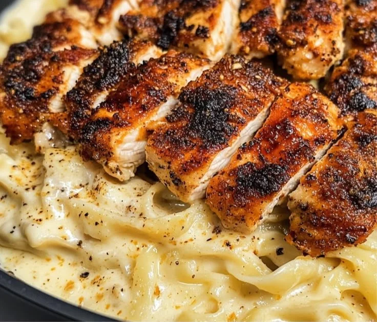 Creamy Blackened Cajun Chicken Alfredo served in a bowl with herbs