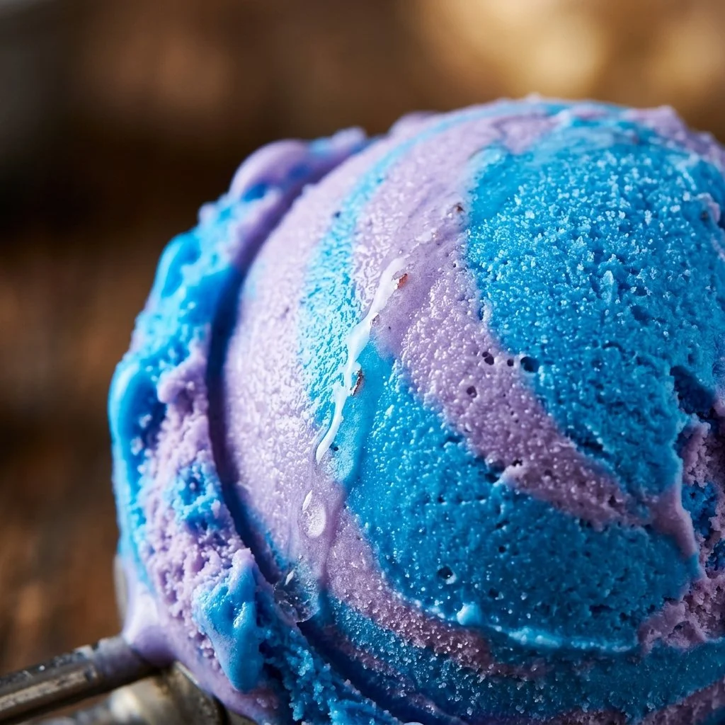 Delicious bowl of blue raspberry ice cream topped with fresh raspberries