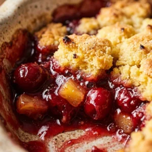 Cherry Pineapple Dump Cake on a serving plate with fresh cherries and pineapple slices
