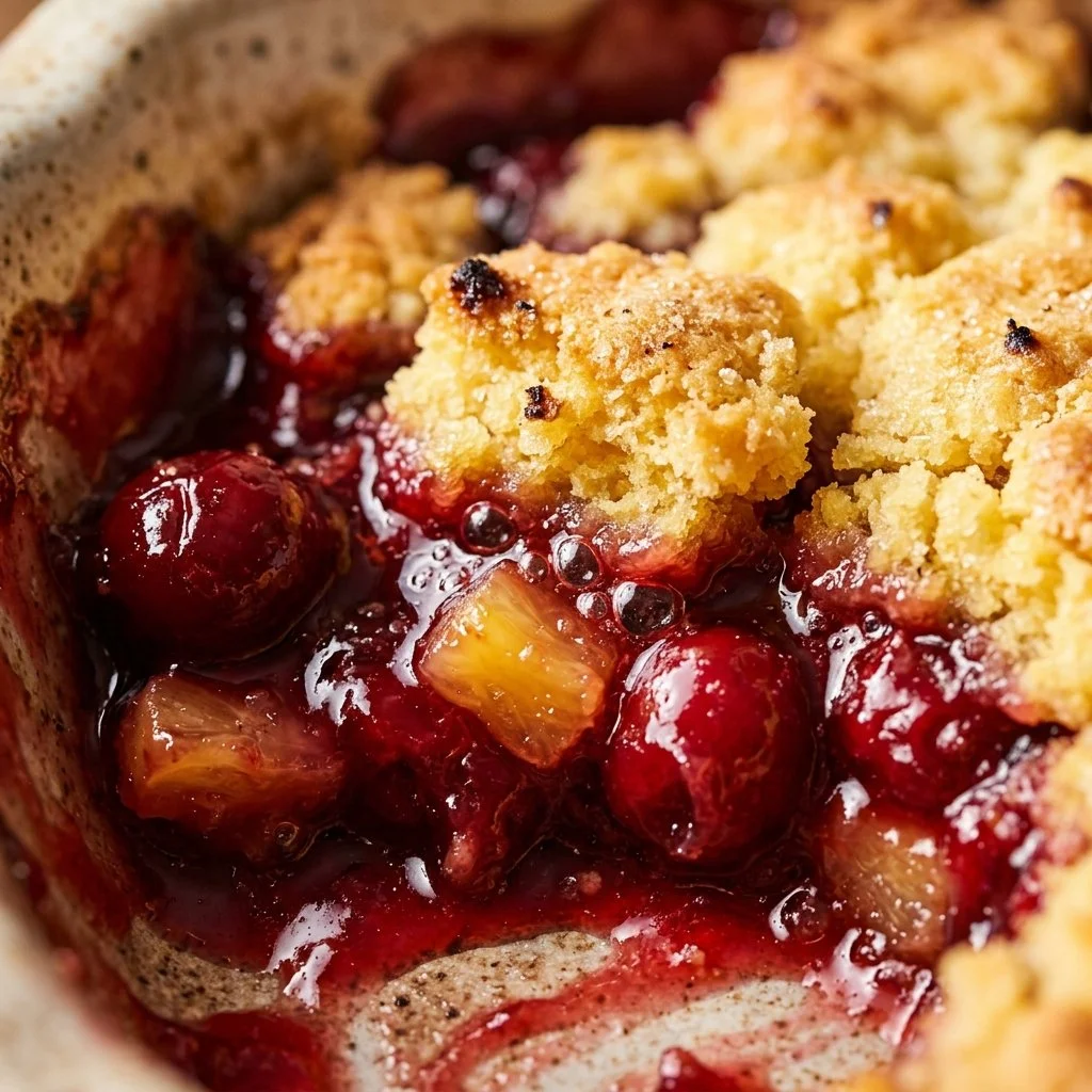 Cherry Pineapple Dump Cake on a serving plate with fresh cherries and pineapple slices