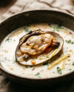 A bowl of clams in creamy coconut broth, garnished with herbs.