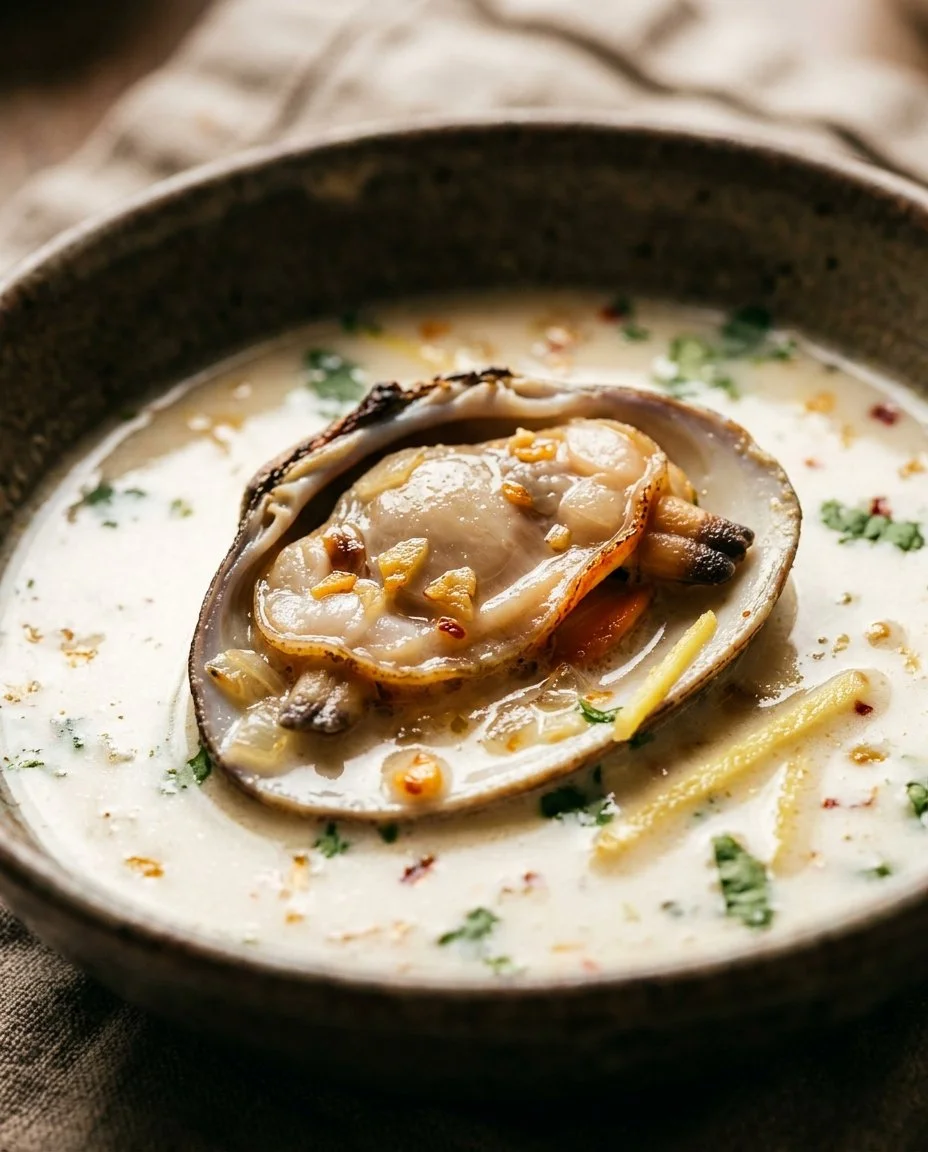 A bowl of clams in creamy coconut broth, garnished with herbs.