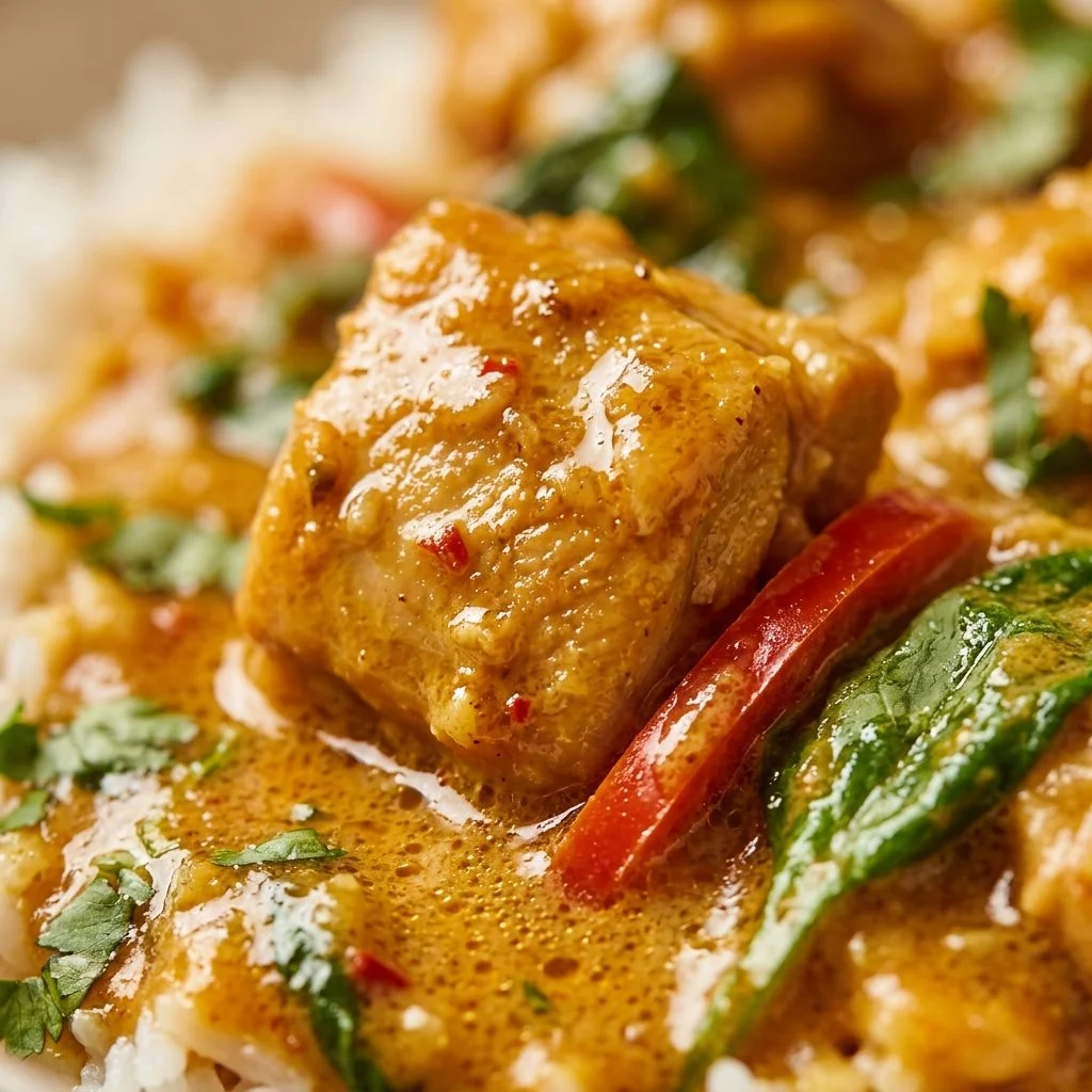 Delicious coconut curry chicken served with rice and fresh cilantro