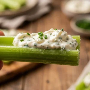 Cream cheese stuffed celery ready to serve as a healthy appetizer.