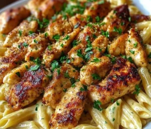 Creamy Cajun chicken bites served with penne pasta in a bowl