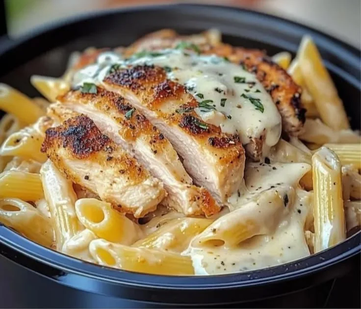 Creamy Chicken Alfredo Pasta Bowls Recipe with chicken, pasta, and rich Alfredo sauce