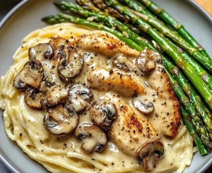 Creamy Garlic Mushroom Chicken Alfredo with Asparagus