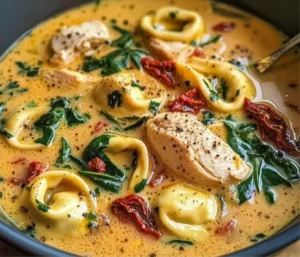 Bowl of creamy Tuscan chicken tortellini soup with herbs and vegetables
