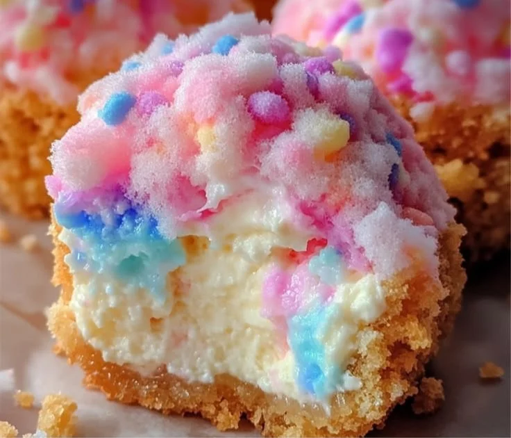 Crispy cotton candy cheesecake bites served as a delicious dessert
