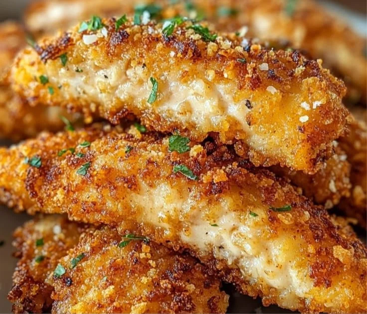 Crispy ranch chicken tenders served on a plate with dipping sauce