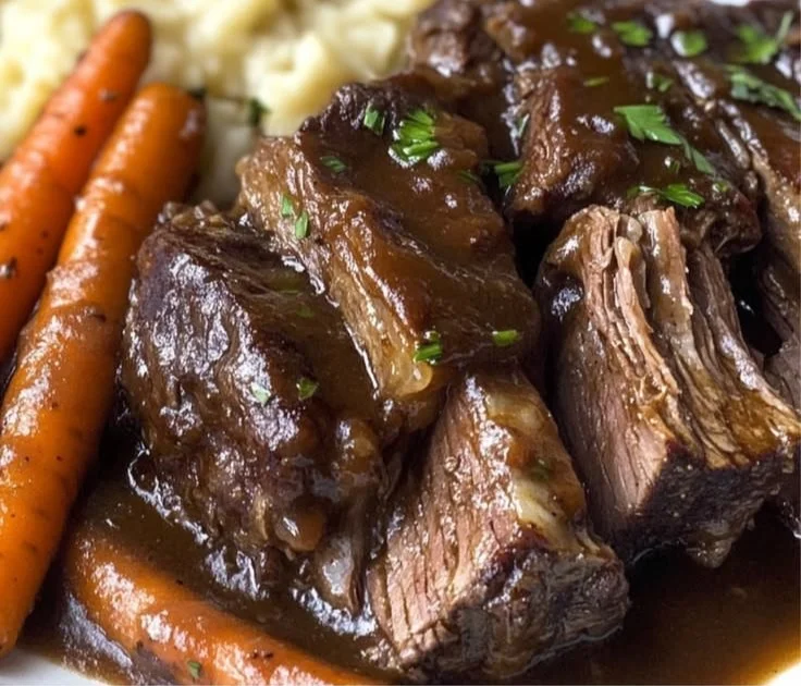 Crock pot chuck roast cooked to perfection with vegetables and herbs.