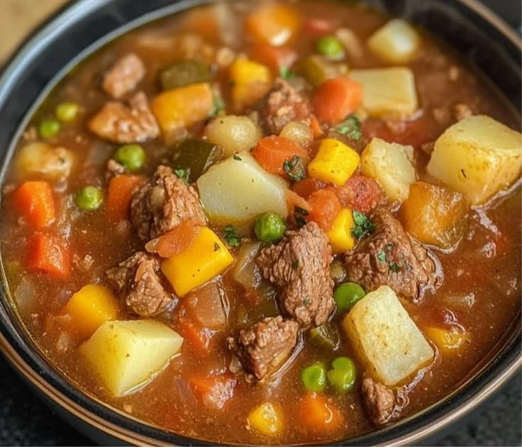 Delicious bowl of Crockpot Vegetable Beef Soup with fresh ingredients