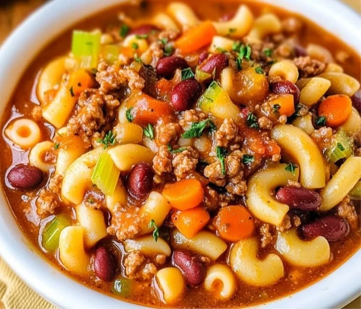 Bowl of easy slow cooker Pasta e Fagioli with beans and pasta