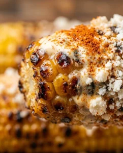Delicious elote corn on the cob garnished with cheese and spices