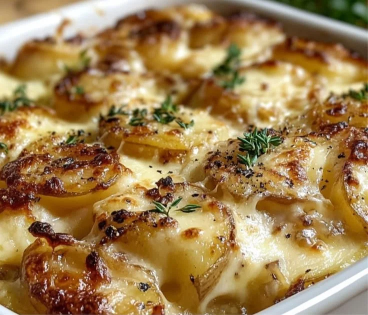 Creamy French Onion Potatoes topped with cheese for a cozy dinner