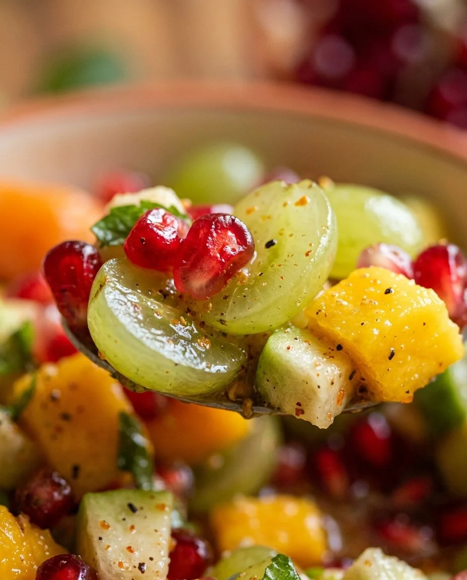 A colorful bowl of Fruit Chaat with assorted fresh fruits and spices.