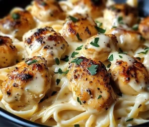 Garlic Butter Chicken Bites with Creamy Parmesan Pasta in a bowl