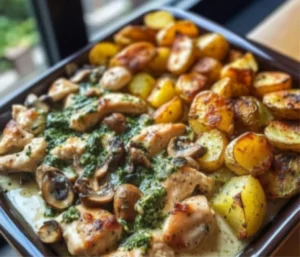 Delicious Garlic Mushroom Chicken Alfredo with crispy potatoes served on a plate.