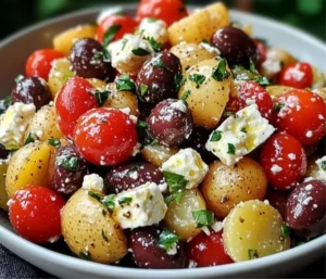 A bowl of Greek potato salad with feta, olives, and fresh herbs