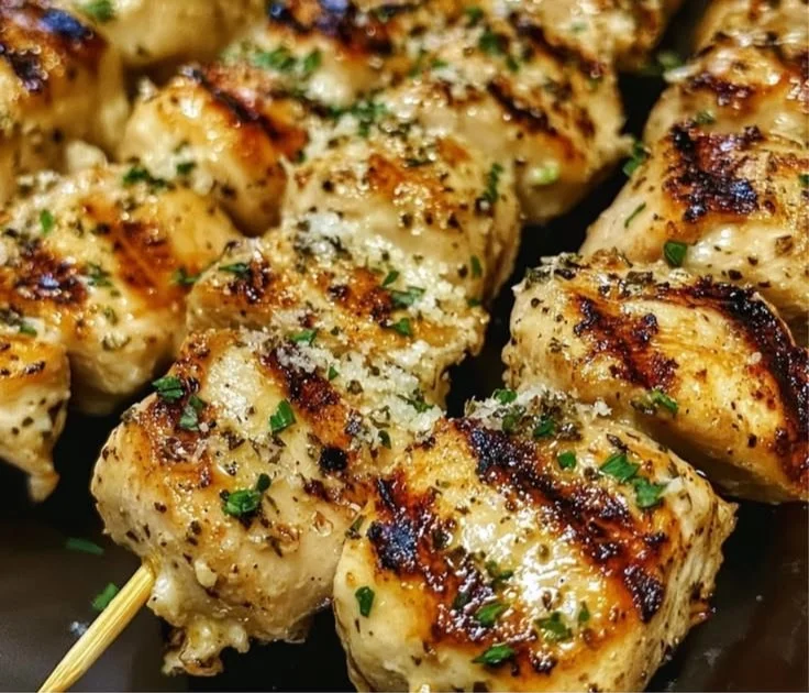 Delicious grilled ranch garlic parmesan chicken skewers on a plate