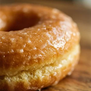 Freshly made homemade glazed donuts with a shiny, sweet glaze.