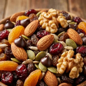 Homemade trail mix with nuts, dried fruits, and seeds in a bowl