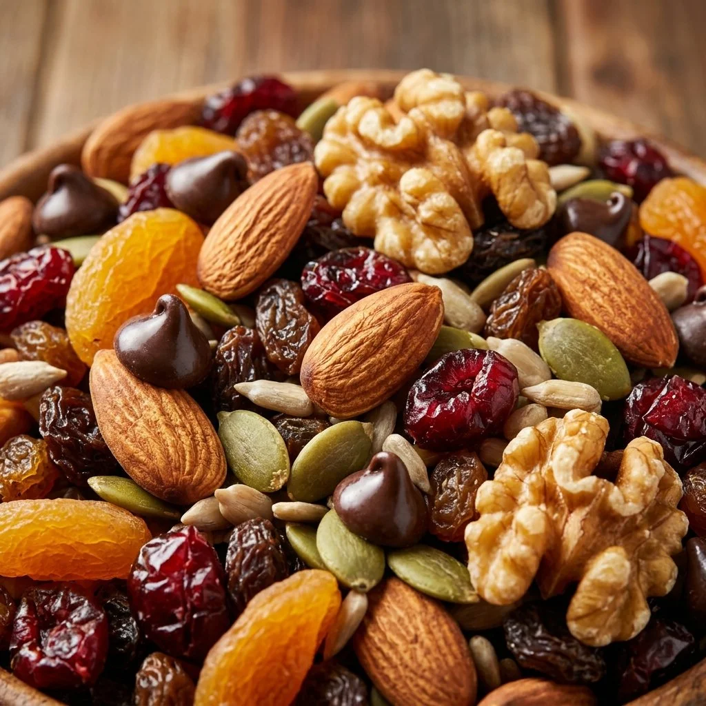Homemade trail mix with nuts, dried fruits, and seeds in a bowl