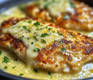 Plate of Lemon Chicken Romano garnished with fresh herbs and lemon slices.