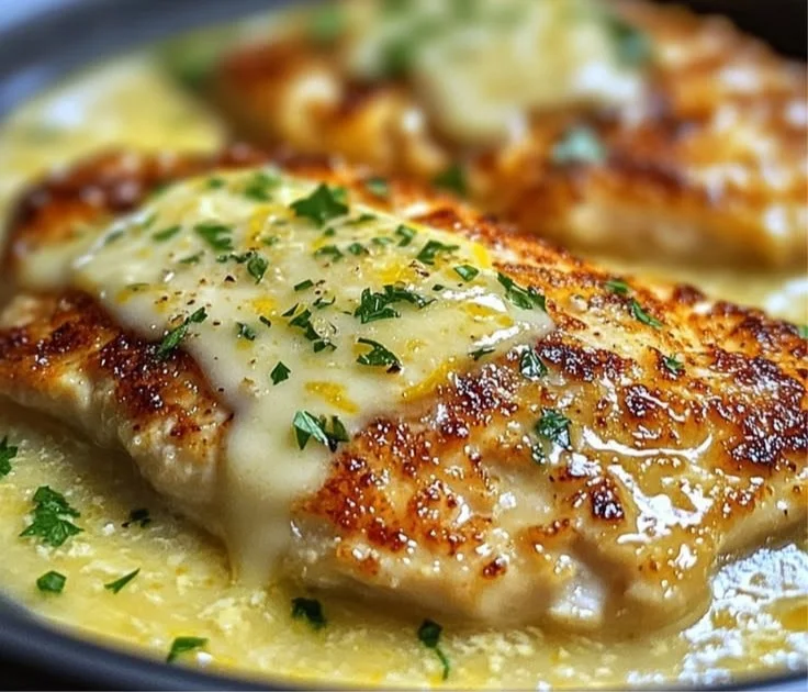 Plate of Lemon Chicken Romano garnished with fresh herbs and lemon slices.