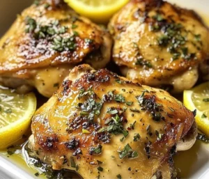 Lemon-infused Greek chicken thighs garnished with herbs and served on a plate