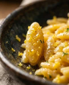 Delicious lemon orzo pasta dish garnished with herbs and lemon zest