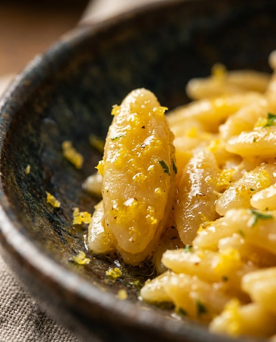 Delicious lemon orzo pasta dish garnished with herbs and lemon zest