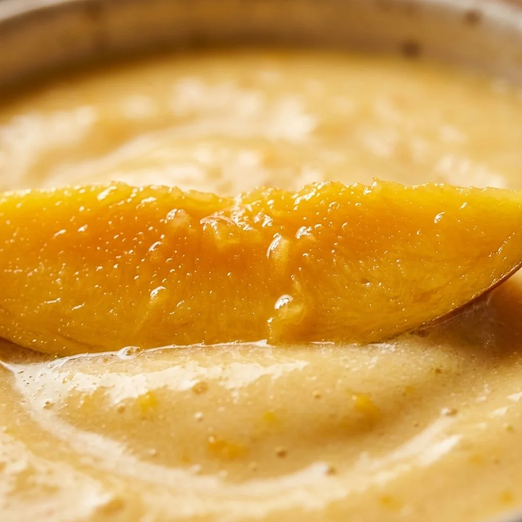 Delicious mango smoothie in a glass garnished with fresh mango slices