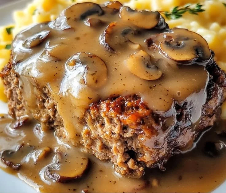 Delicious meatloaf served with creamy mushroom gravy on a plate