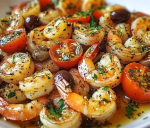Mediterranean shrimp skillet in lemon garlic sauce served in a pan