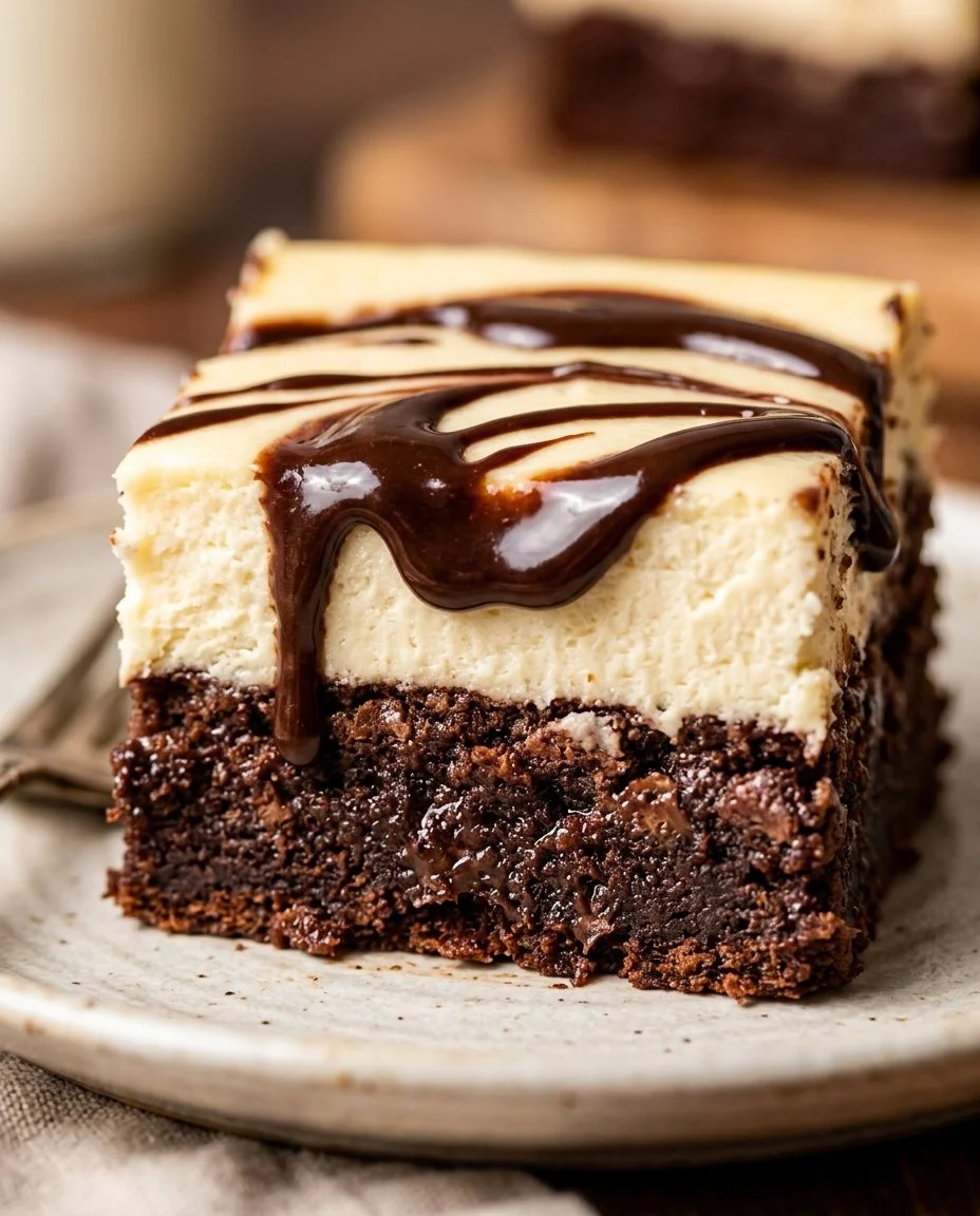 No-bake fudge brownie cheesecake with chocolate and cream topping