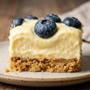 No-Bake Lemon Blueberry Cake topped with fresh blueberries and lemon zest