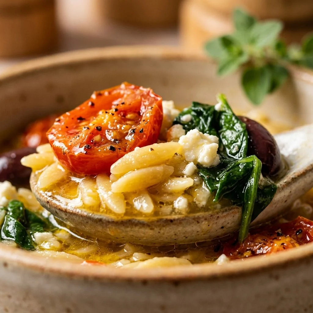 Delicious One-Pot Greek Orzo dish garnished with herbs