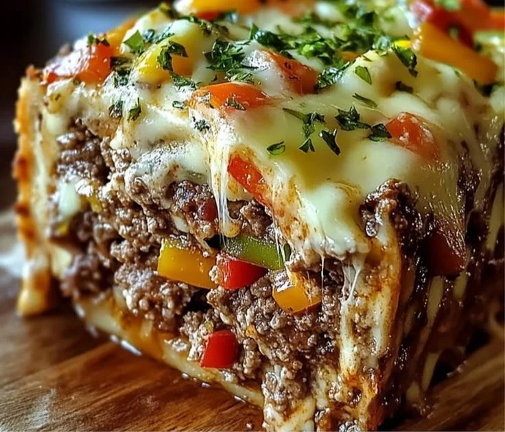 Philly-style cheesesteak meatloaf served with toppings and sides.