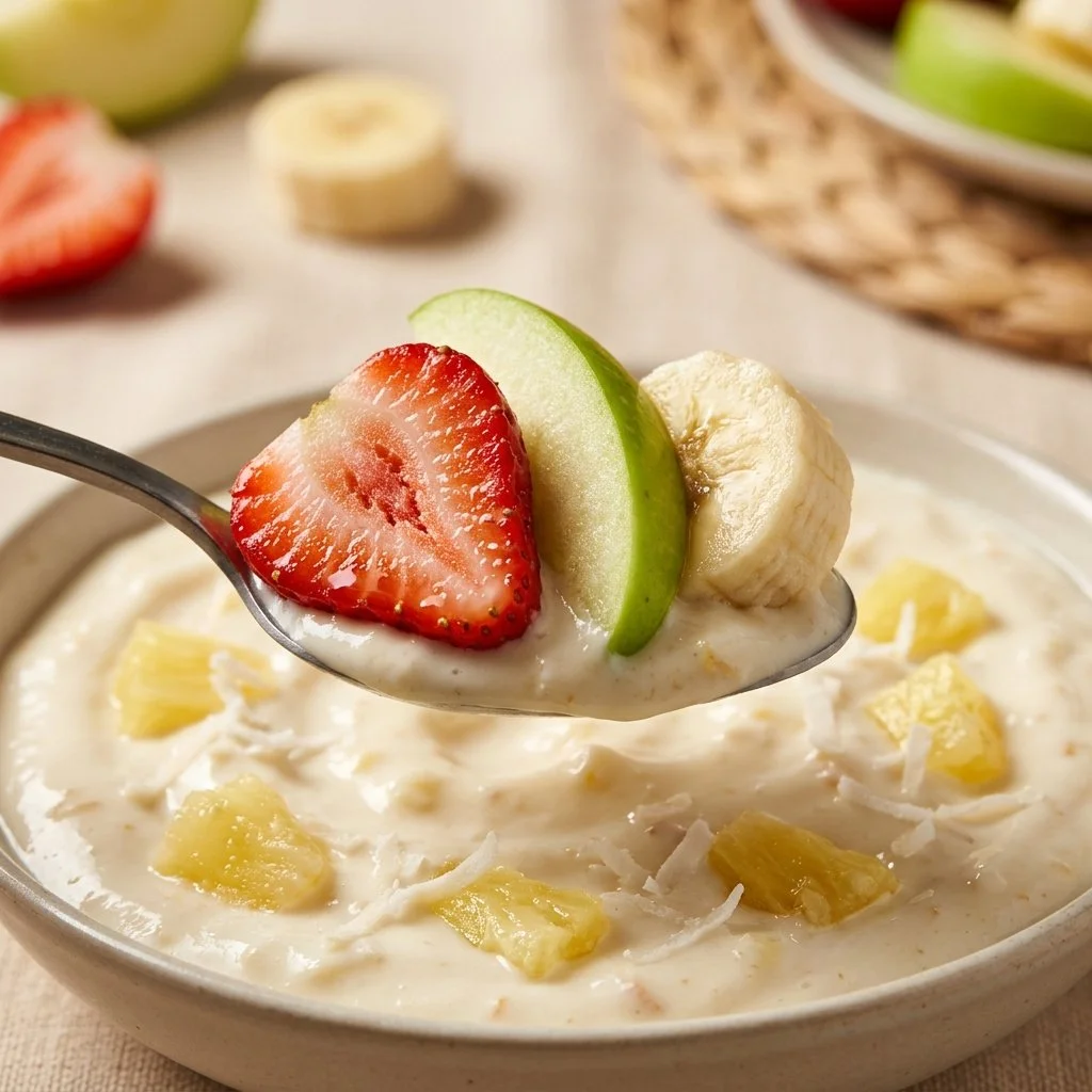 Delicious Pina Colada Dip served with fresh fruit for a tropical treat