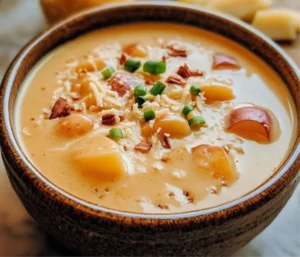 Bowl of hearty Potato Beef Cheese Soup with Broth topped with fresh herbs