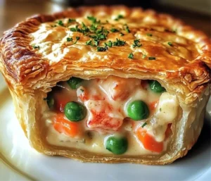 Delicious homemade lobster pot pie served in a creamy sauce with flaky crust