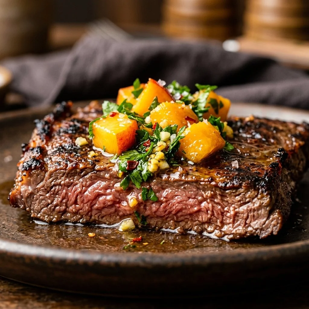 Skirt steak served with peach chimichurri sauce on a plate