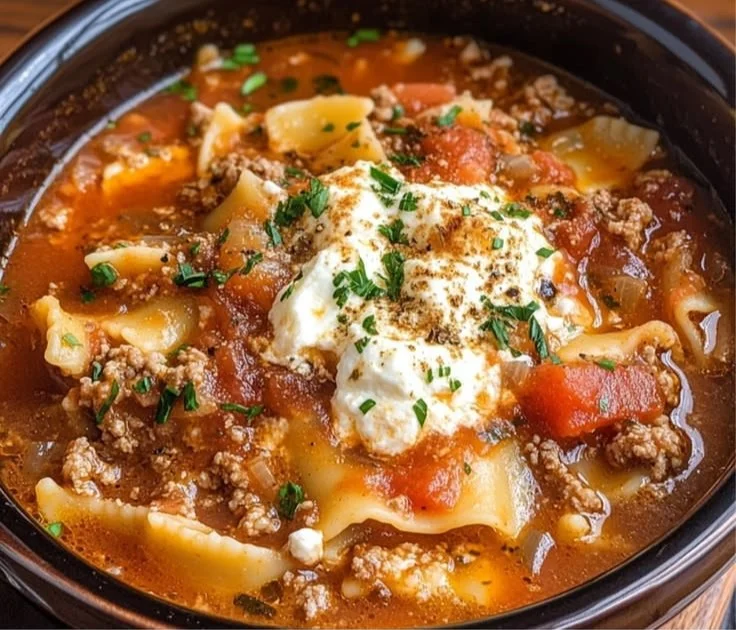 Bowl of hearty slow cooker lasagna soup topped with cheese and herbs.