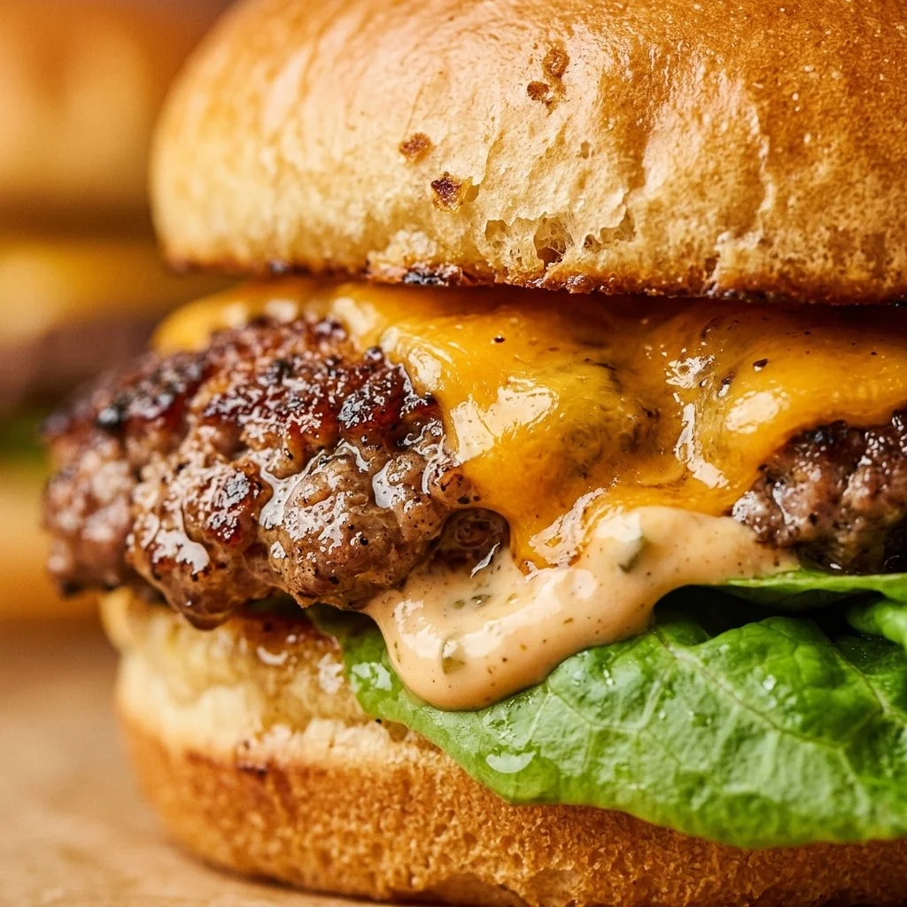 Delicious smash burgers with sweet-pickle sauce on a wooden table